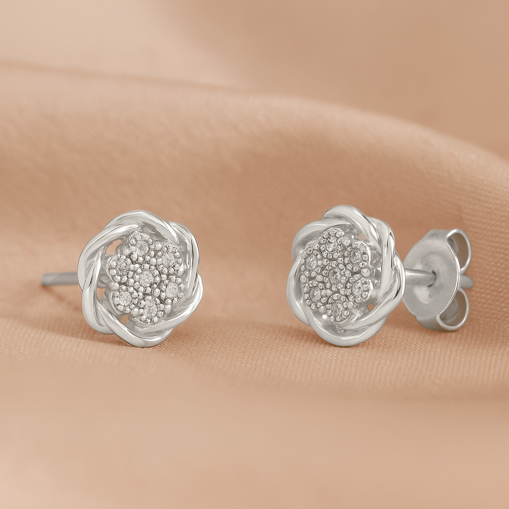 Sterling Silver Diamond Swirl Cluster Stud Earrings