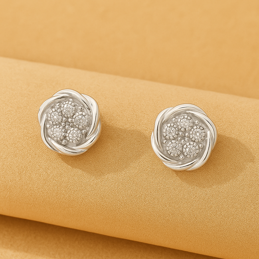 Sterling Silver Diamond Swirl Cluster Stud Earrings